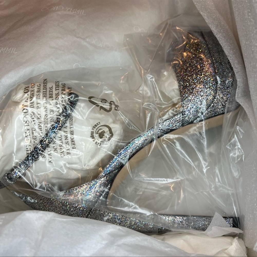Jimmy Choo Pattie 130 Multi Hologram Leather Platform Sandal Heels - Picture 10 of 11